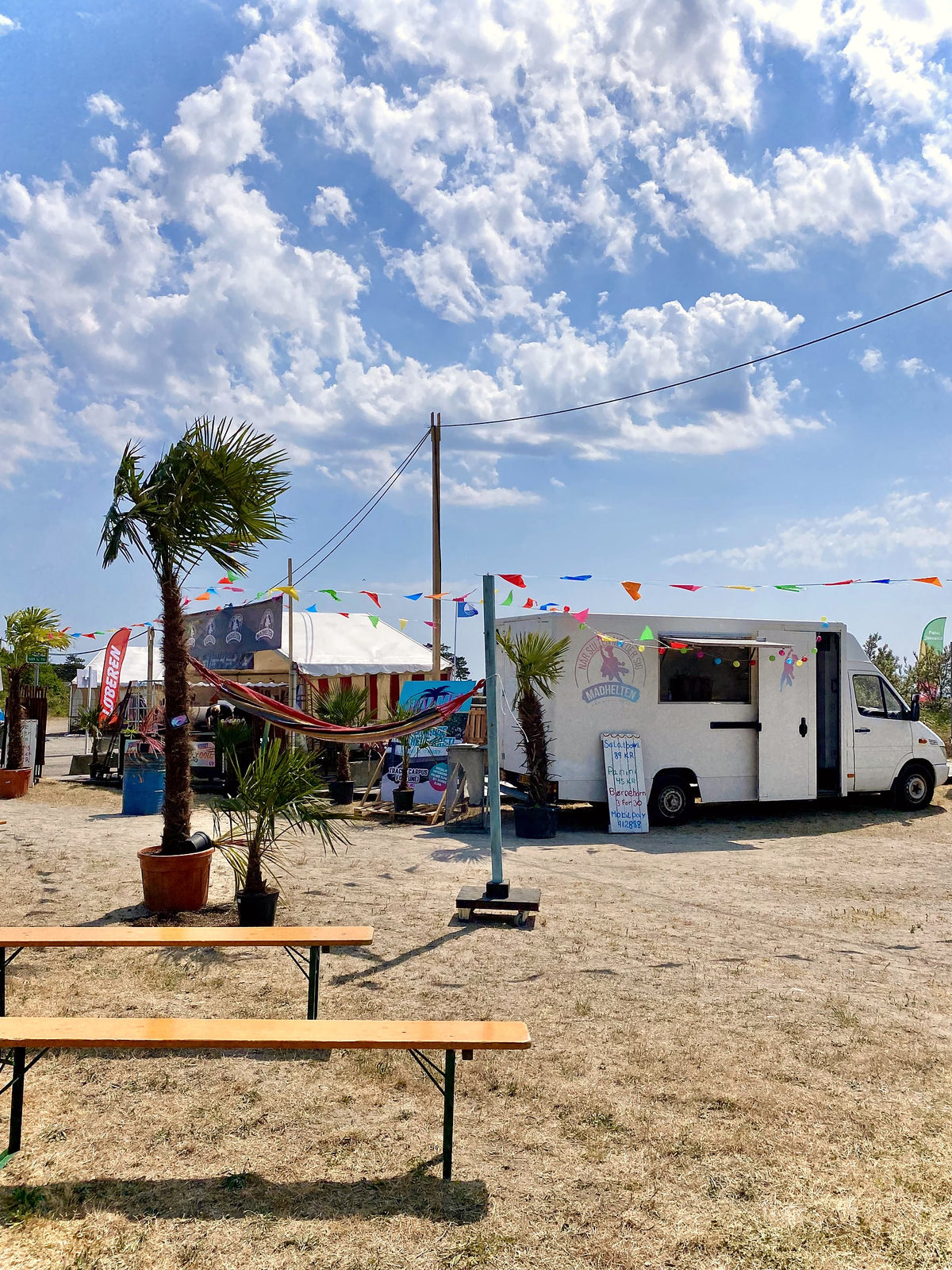 Palmer i krukker ved foodtruck og hængekøje på sommerfestival
